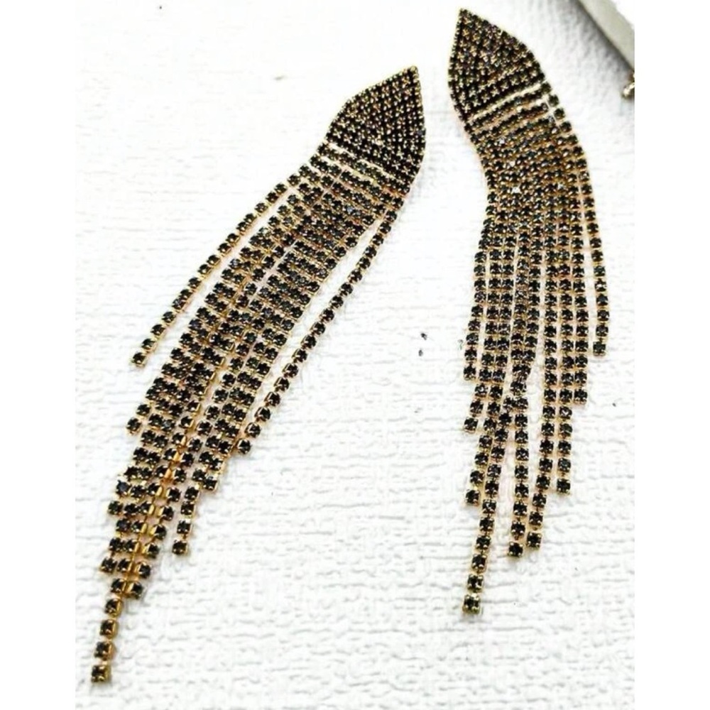 Black & gold rhinestone tassel drop earrings